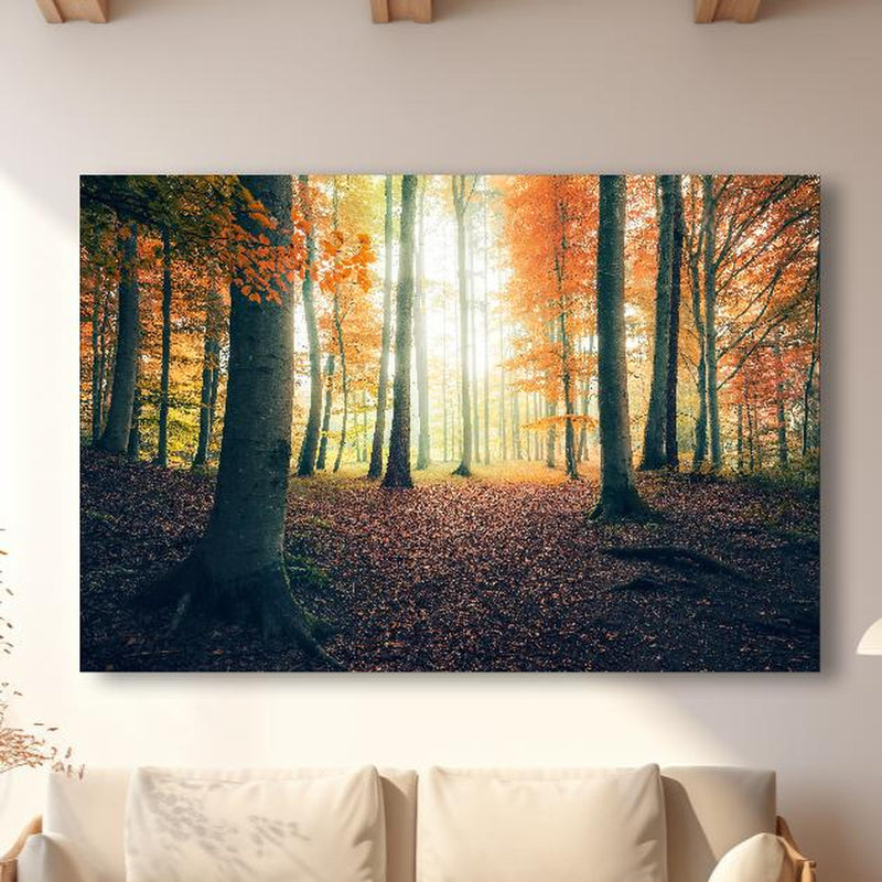 Wandbild - Dunkler Wald im Herbst in modernem Wohnzimmer im Loft-Stil Zoom