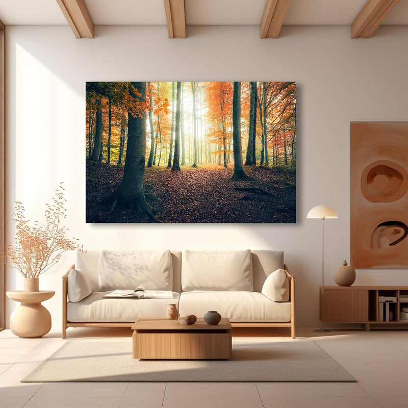 Wandbild - Dunkler Wald im Herbst in modernem Wohnzimmer im Loft-Stil