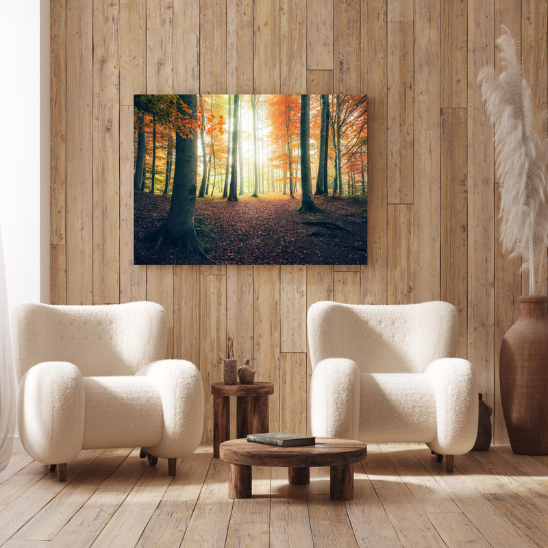 Wandbild - Dunkler Wald im Herbst an Holzwand hinter sanften Sesseln mit Plüschbezug