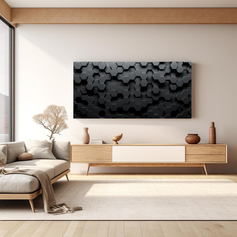 Wandbild - Dunkles Sechseck Muster in hellem Wohnzimmer über extravaganter Kommode