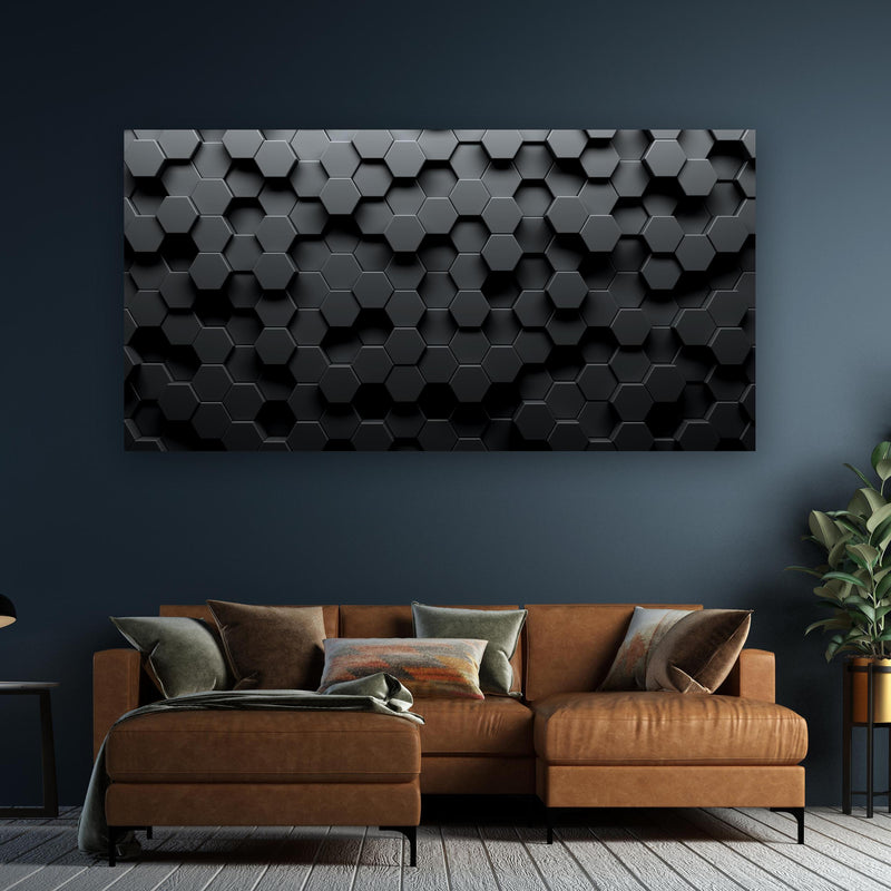 Wandbild - Dunkles Sechseck Muster an dunkelgrüner Wand über klassischem Sofa