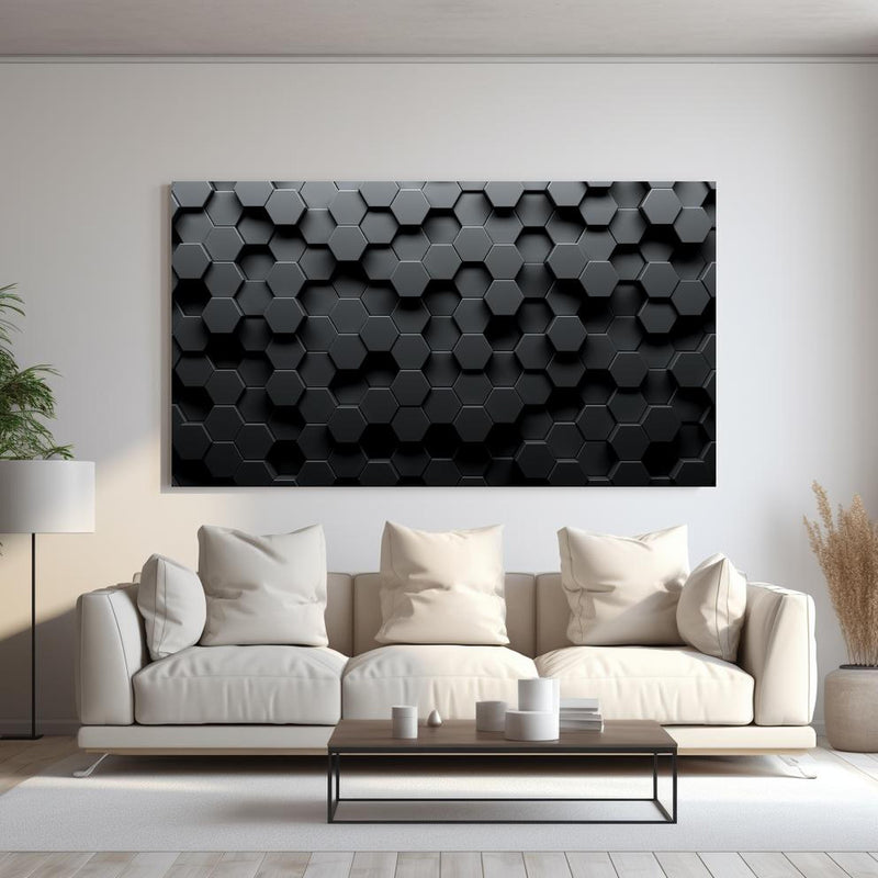 Wandbild - Dunkles Sechseck Muster hinter sanfter Couch mit cremefarbenen großen Kissen