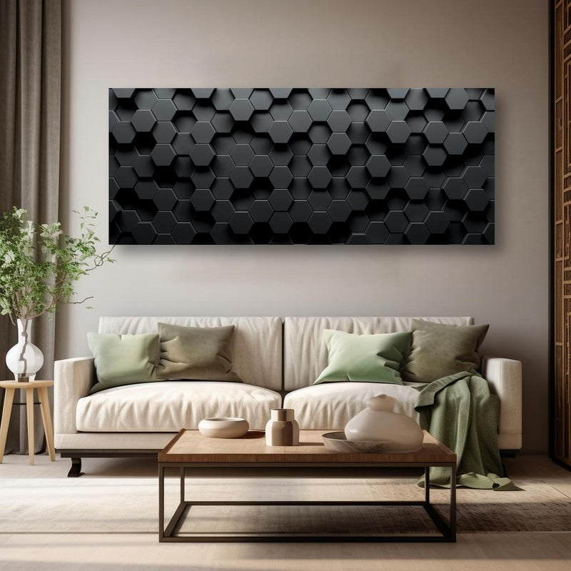 Wandbild - Dunkles Sechseck Muster in kreativ eingerichtetem Zimmer mit moderner Vase
