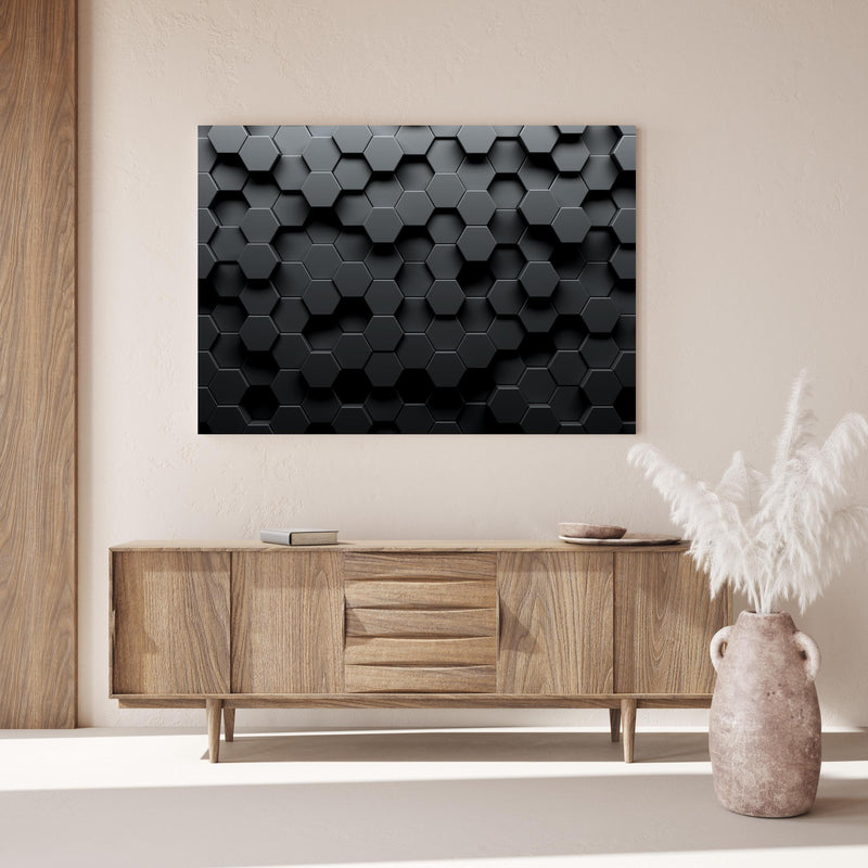 Wandbild - Dunkles Sechseck Muster über Holzkommode hinter dekorativer Zimmerpflanze