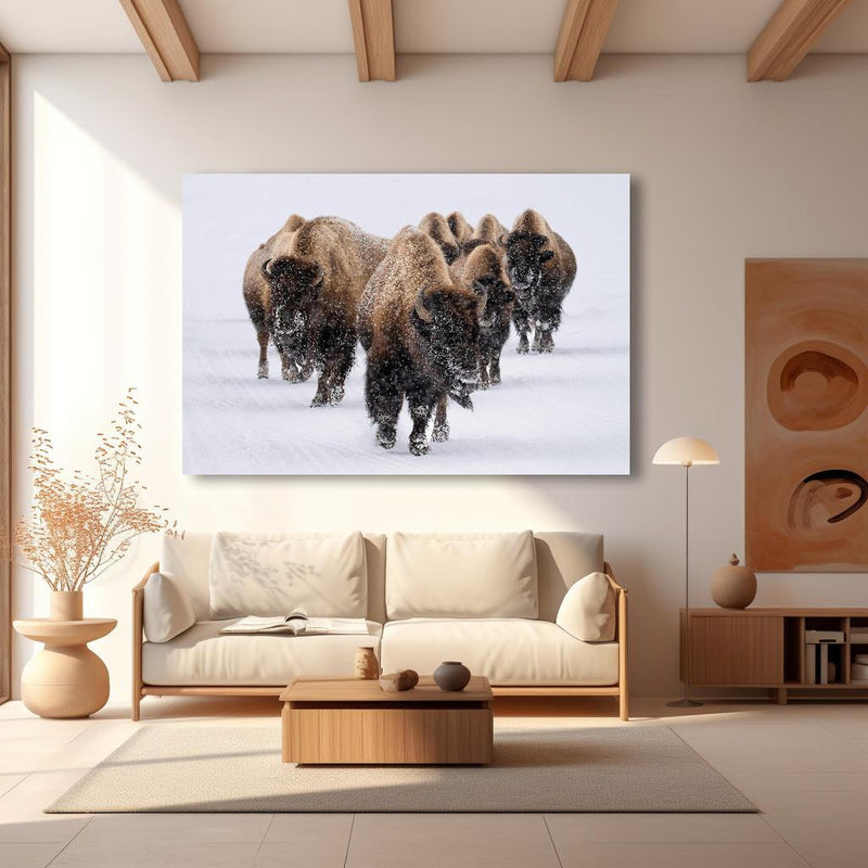 Wandbild - Eine Bison Herde in modernem Wohnzimmer im Loft-Stil