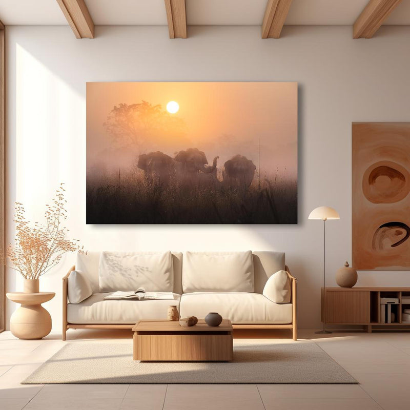 Wandbild - Elefanten bei Morgengrauen in modernem Wohnzimmer im Loft-Stil