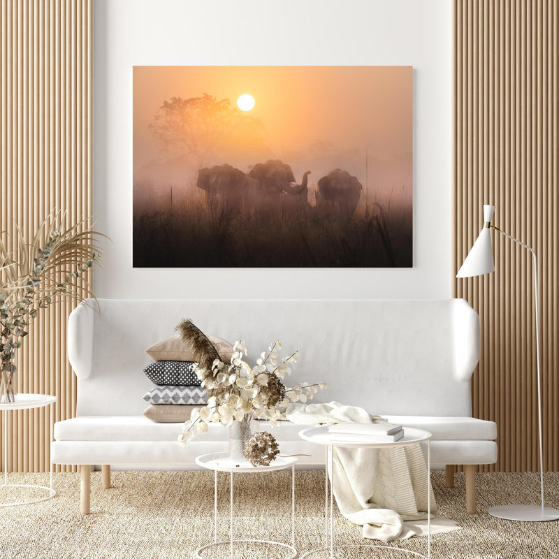 Wandbild - Elefanten bei Morgengrauen in extravagant gestaltetem Raum mit minimalistischer Couch-quadratisch