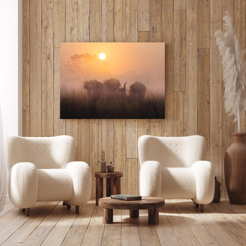 Wandbild - Elefanten bei Morgengrauen an Holzwand hinter sanften Sesseln mit Plüschbezug