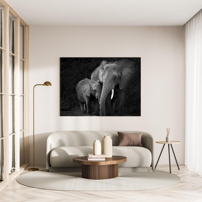 Wandbild - Elefanten in der Natur - schwarz-weiß in minimalistisch eingerichtetem cremefarbenen Wohnzimmer