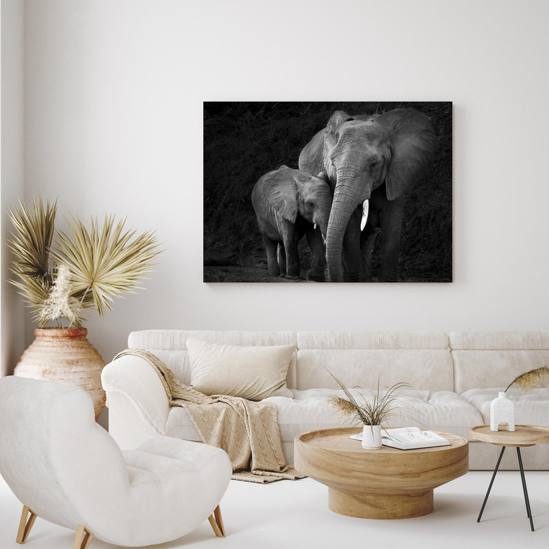 Wandbild - Elefanten in der Natur - schwarz-weiß in exotisch eingerichtetem Wohnzimmer über gemütlicher Couch
