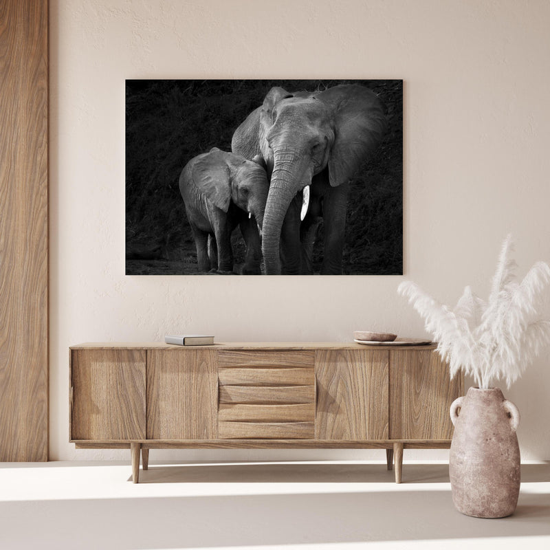 Wandbild - Elefanten in der Natur - schwarz-weiß über Holzkommode hinter dekorativer Zimmerpflanze