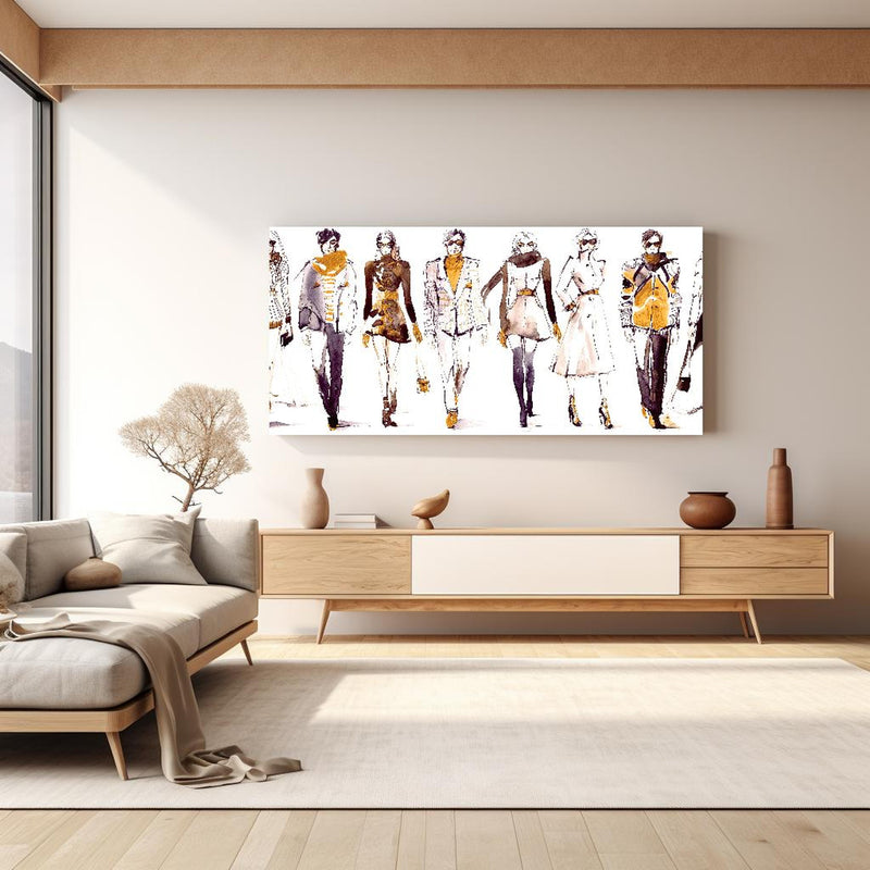 Wandbild - Elegante Modeshow in hellem Wohnzimmer über extravaganter Kommode