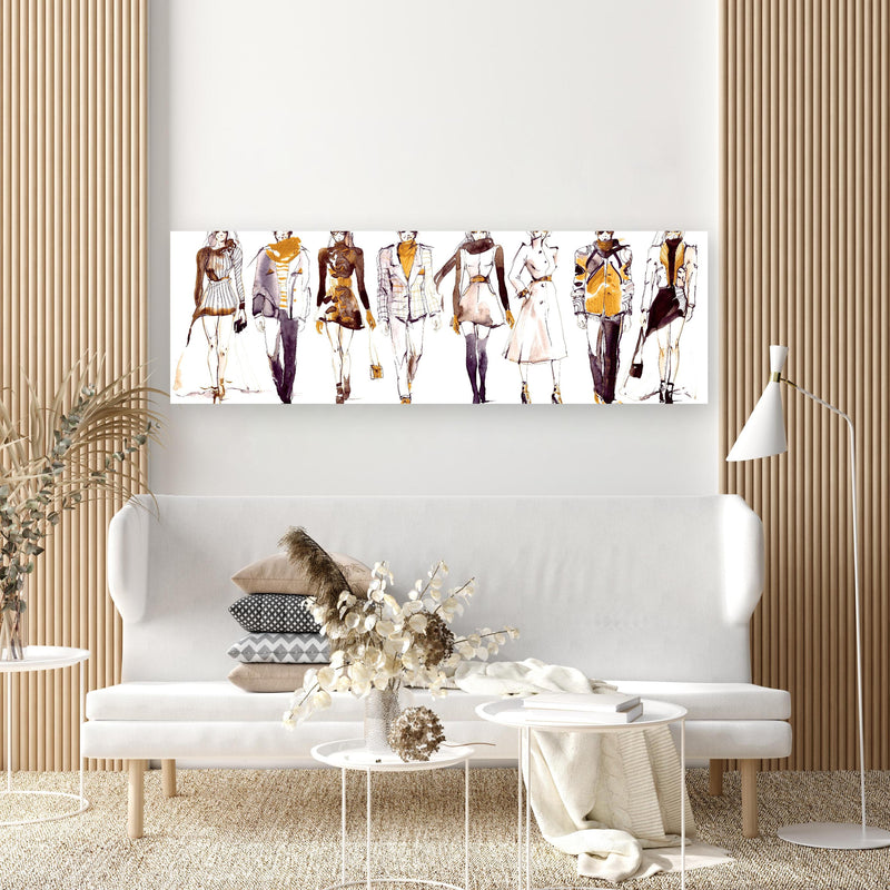 Wandbild - Elegante Modeshow in extravagant gestaltetem Raum mit minimalistischer Couch-rechteckig