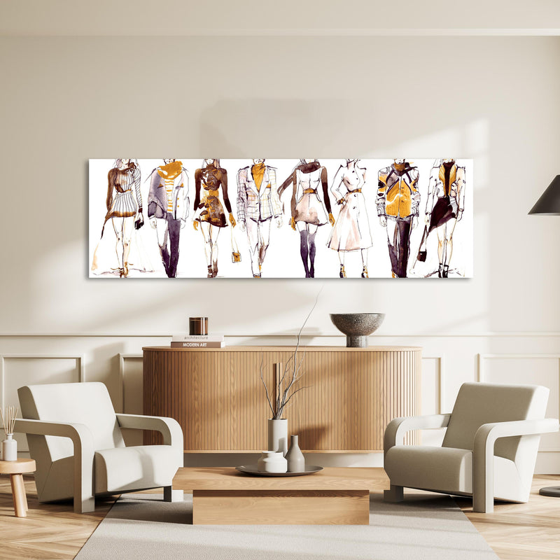 Wandbild - Elegante Modeshow an heller Wand über stilvoller Holzkommode im Wohnzimmer