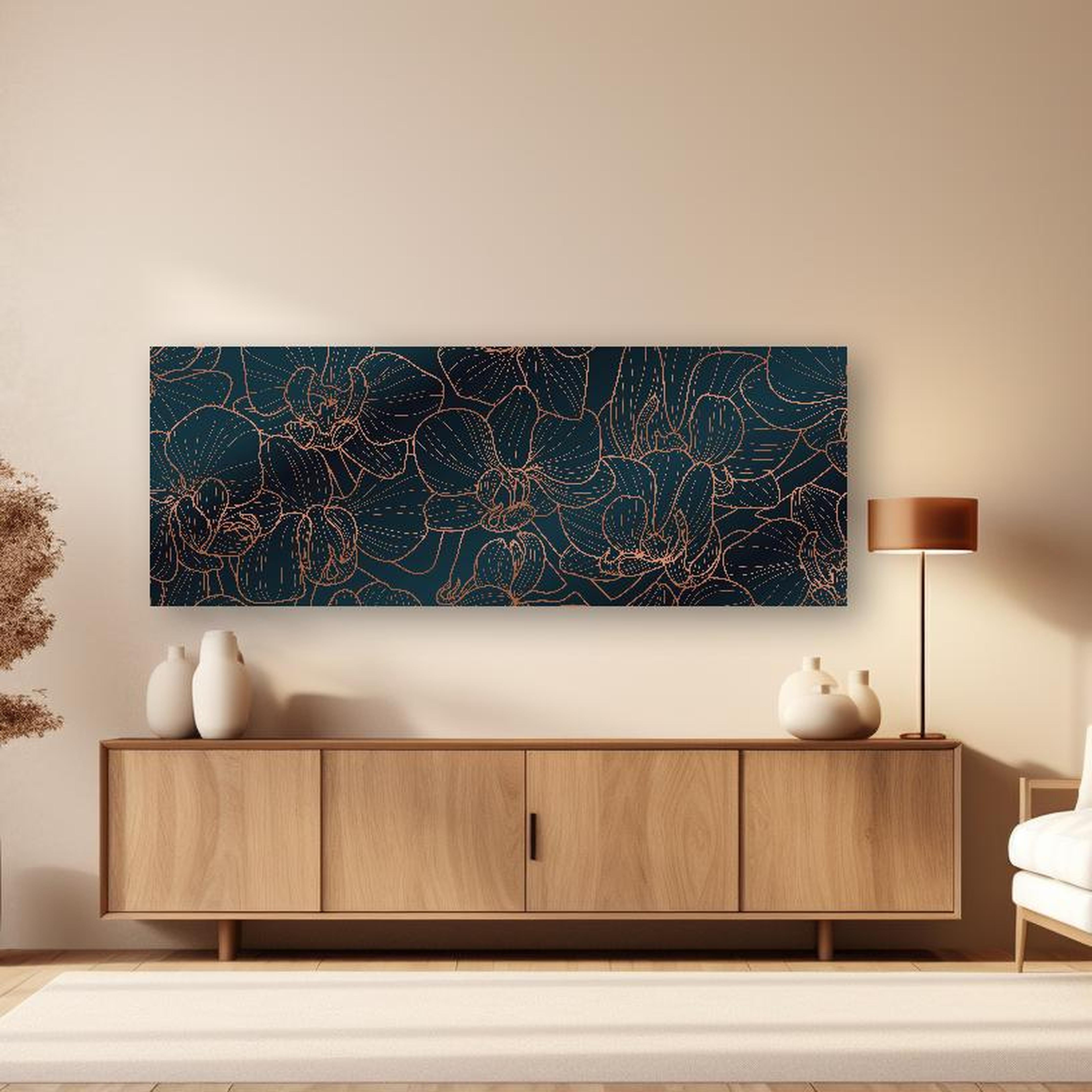 Wandbild - Elegante Orchideen Linienkunst Dunkle Töne in dezentem Wohnzimmer mit geölter Holzkommode Zoom
