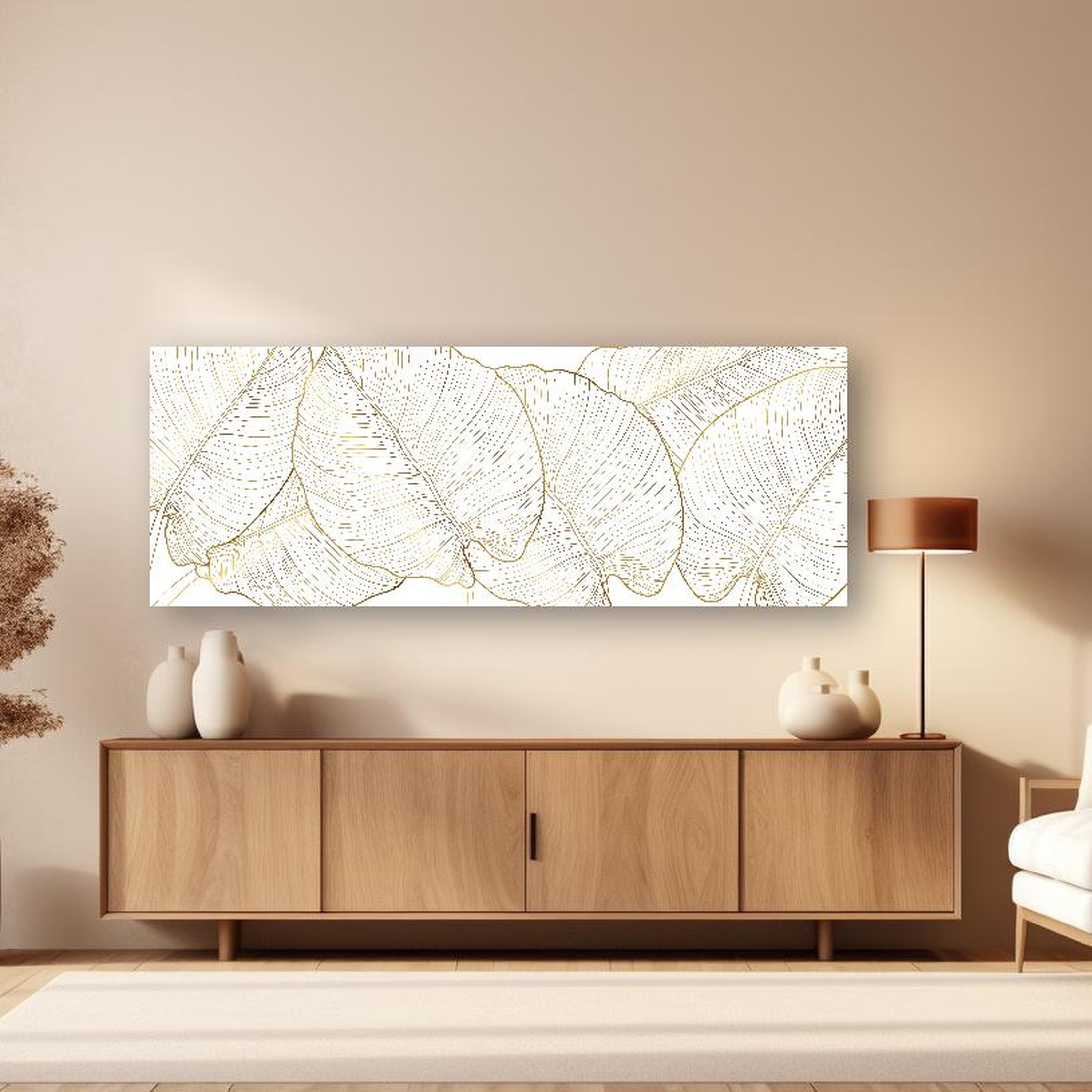 Wandbild - Elegantes Blatt-Design in Gold und Weiß in dezentem Wohnzimmer mit geölter Holzkommode Zoom