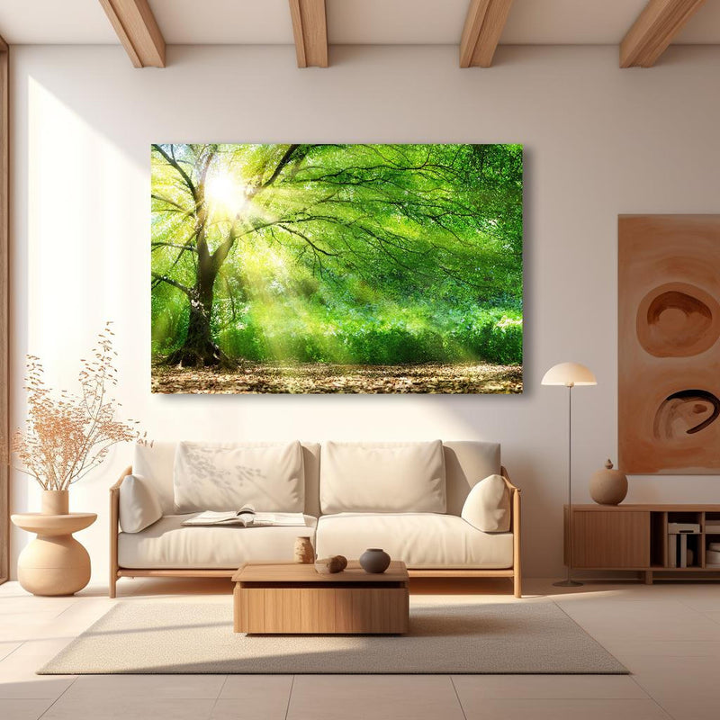 Wandbild - Energiegeladener Wald in modernem Wohnzimmer im Loft-Stil