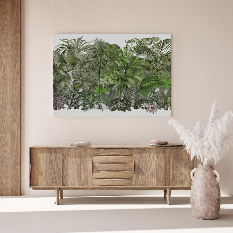 Wandbild - Exotische Sträuche über Holzkommode hinter dekorativer Zimmerpflanze