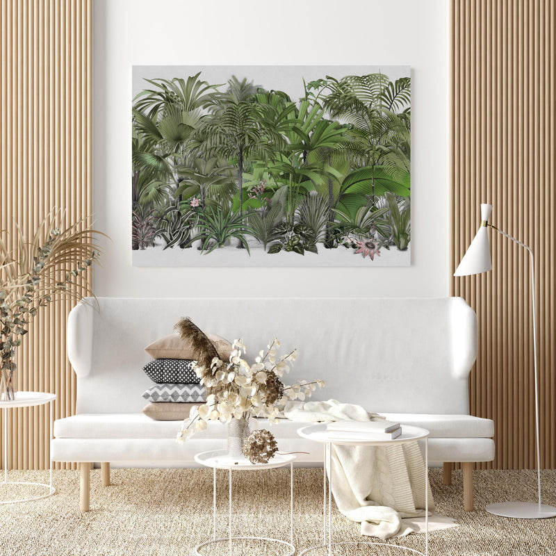 Wandbild - Exotische Sträuche in extravagant gestaltetem Raum mit minimalistischer Couch-quadratisch