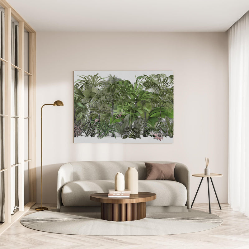 Wandbild - Exotische Sträuche in minimalistisch eingerichtetem cremefarbenen Wohnzimmer