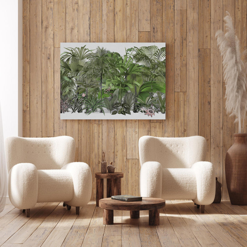Wandbild - Exotische Sträuche an Holzwand hinter sanften Sesseln mit Plüschbezug