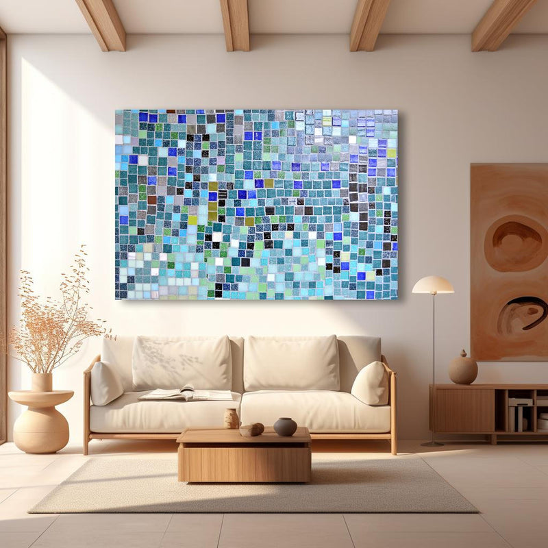 Wandbild - Farbenfrohes Mosaikfliesen Wanddesign in modernem Wohnzimmer im Loft-Stil Zoom