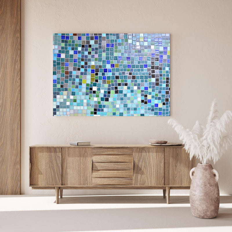 Wandbild - Farbenfrohes Mosaikfliesen Wanddesign in modernem Wohnzimmer im Loft-Stil Zoom