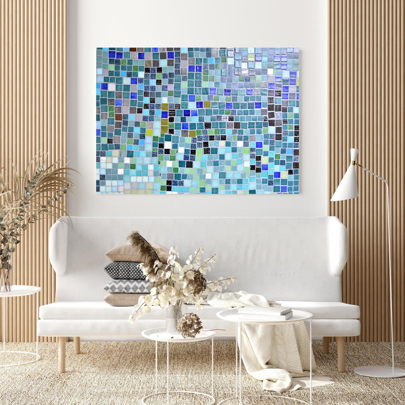 Wandbild - Farbenfrohes Mosaikfliesen Wanddesign in modernem Wohnzimmer im Loft-Stil Zoom