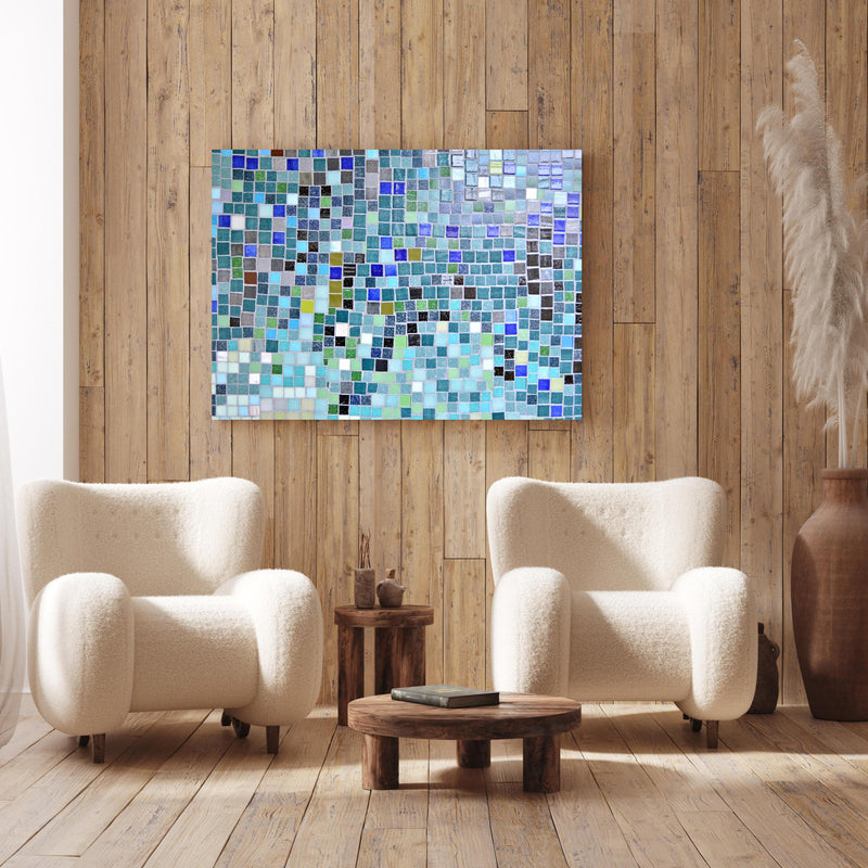 Wandbild - Farbenfrohes Mosaikfliesen Wanddesign in modernem Wohnzimmer im Loft-Stil Zoom