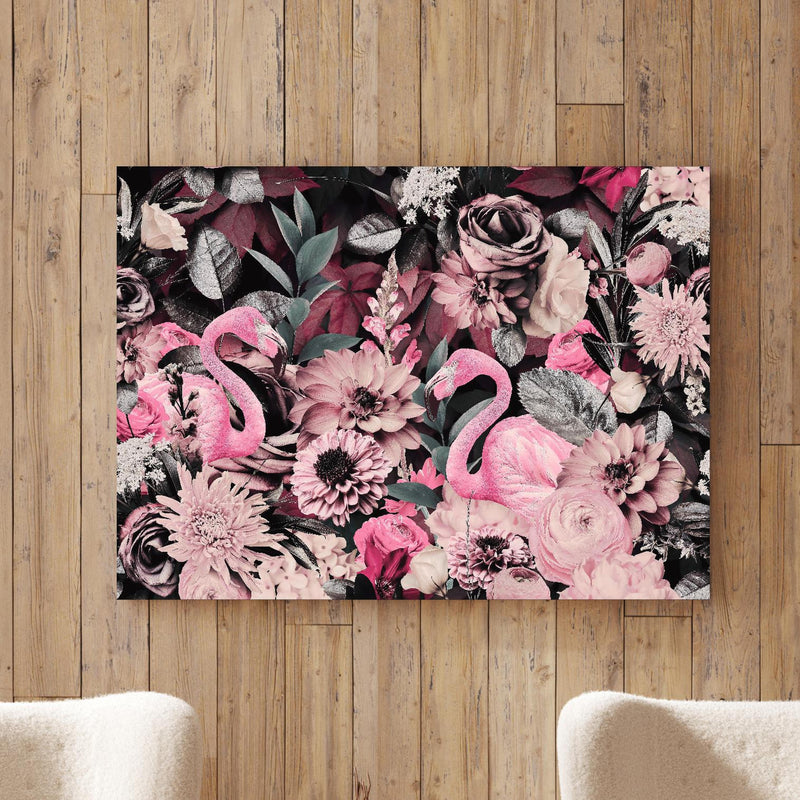 Wandbild - Flamingo Garten - Floral an Holzwand hinter sanften Sesseln mit Plüschbezug Zoom
