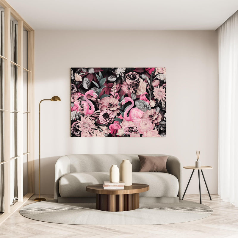 Wandbild - Flamingo Garten - Floral in minimalistisch eingerichtetem cremefarbenen Wohnzimmer