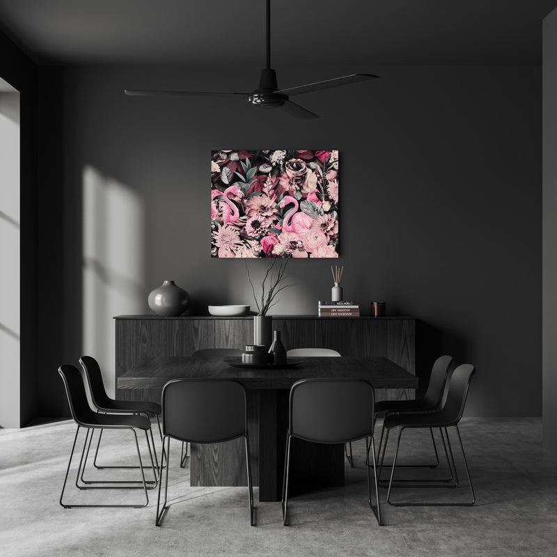 Wandbild - Flamingo Garten - Floral in dunkel eingerichtetem Esszimmer an grauer Wand