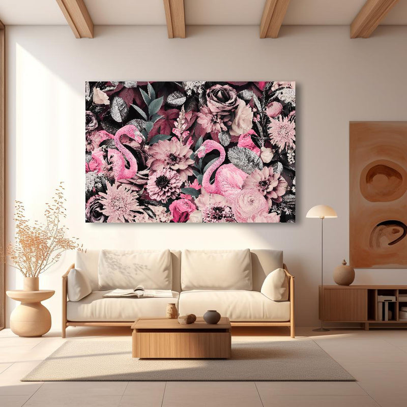 Wandbild - Flamingo Garten - Floral in modernem Wohnzimmer im Loft-Stil