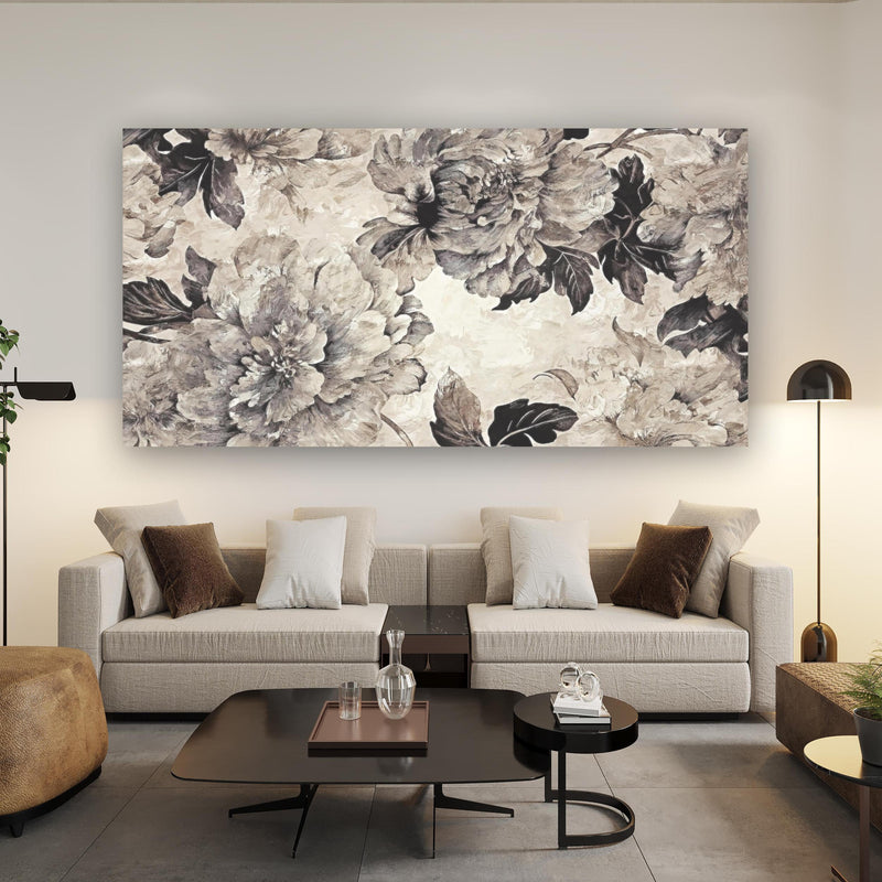 Wandbild - Florales Kunstwerk - Zeichnung über Urban-Stil Couch hinter futuristischem Tisch