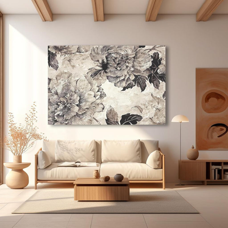 Wandbild - Florales Kunstwerk - Zeichnung in modernem Wohnzimmer im Loft-Stil