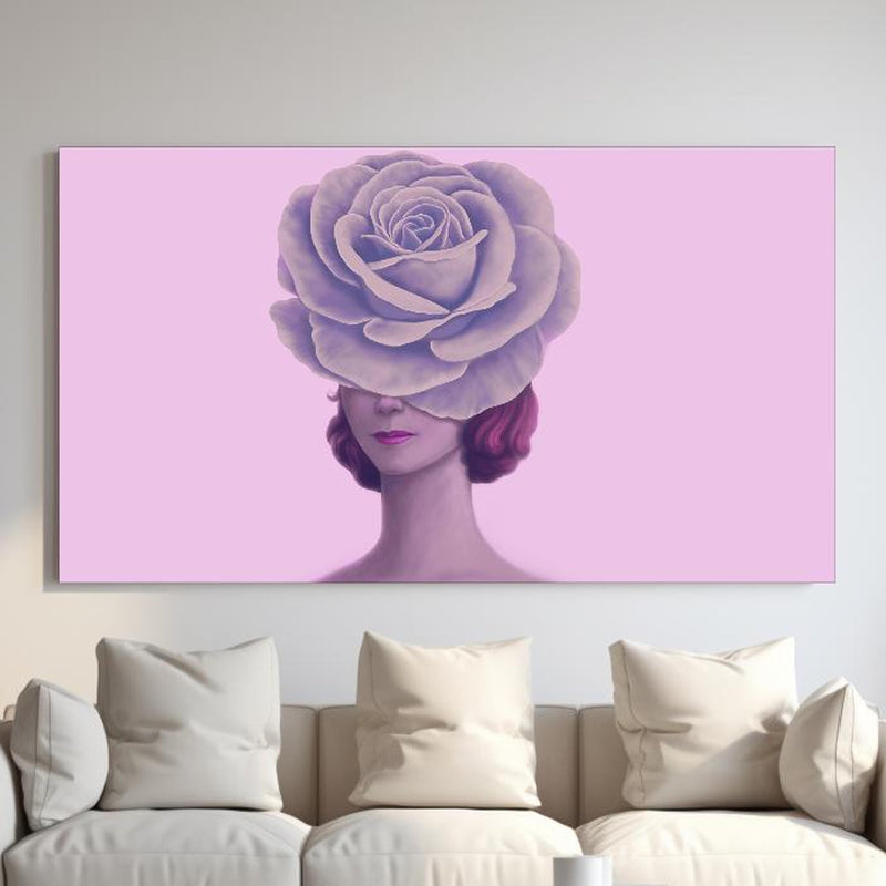 Wandbild - Florales Portrait - 3D Darstellung hinter sanfter Couch mit cremefarbenen großen Kissen Zoom