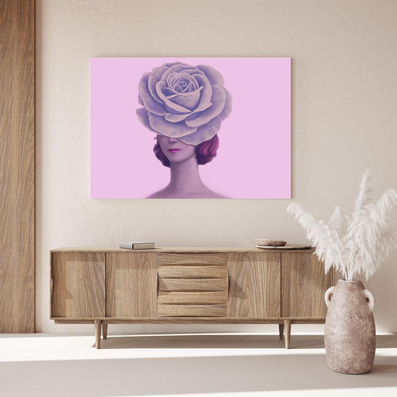 Wandbild - Florales Portrait - 3D Darstellung über Holzkommode hinter dekorativer Zimmerpflanze