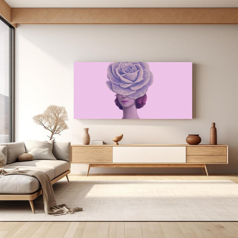 Wandbild - Florales Portrait - 3D Darstellung in hellem Wohnzimmer über extravaganter Kommode