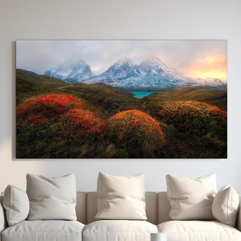 Wandbild - Frühling in Patagonia hinter sanfter Couch mit cremefarbenen großen Kissen Zoom