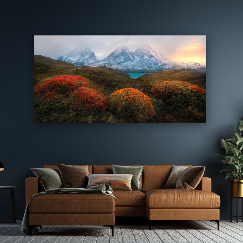 Wandbild - Frühling in Patagonia an dunkelgrüner Wand über klassischem Sofa