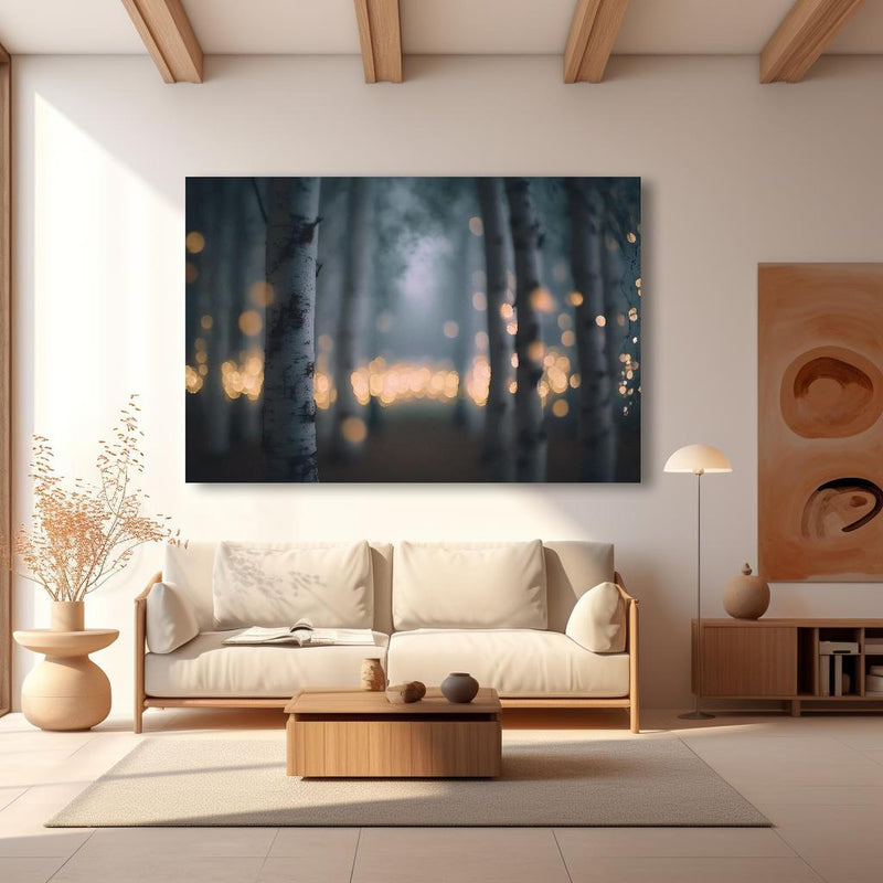 Wandbild - Funkelnder Birkenwald  in modernem Wohnzimmer im Loft-Stil