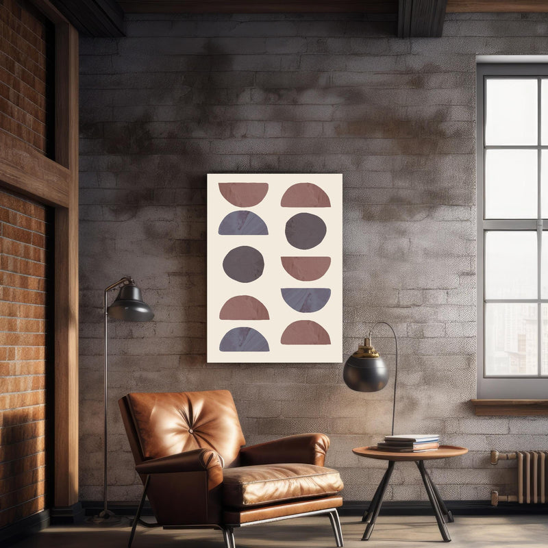 Wandbild - Geometrie - Kollage über geschmackvollem Sessel an rustikaler Ziegelwand