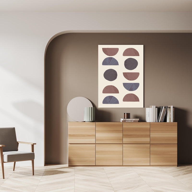 Wandbild - Geometrie - Kollage über doppelter Holzkommode mit Vase und Büchersammlung