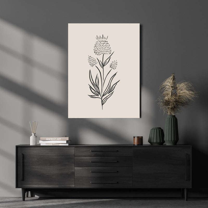 Wandbild - Gestrichelte Blume über luxuriöser Holzkommode und dunkelgrünen Vasen