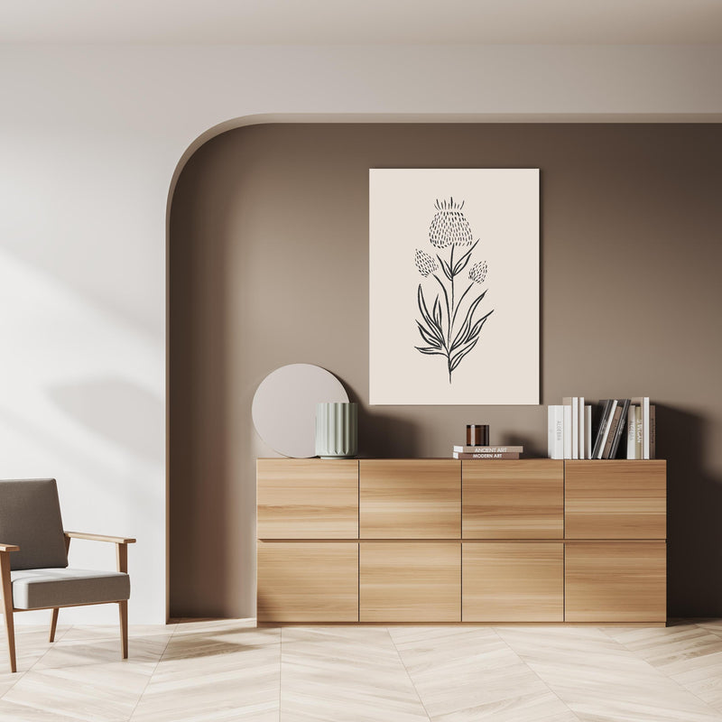 Wandbild - Gestrichelte Blume über doppelter Holzkommode mit Vase und Büchersammlung