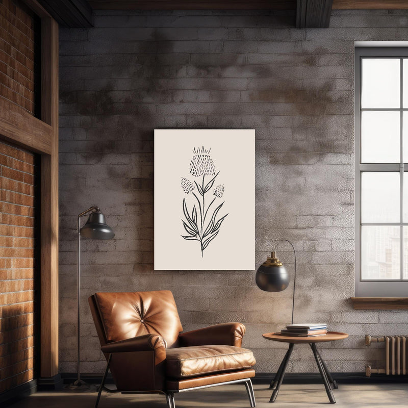 Wandbild - Gestrichelte Blume über geschmackvollem Sessel an rustikaler Ziegelwand