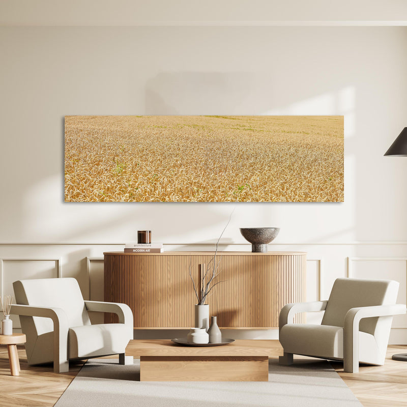 Wandbild - Getreidefeld - Panoramabild an heller Wand über stilvoller Holzkommode im Wohnzimmer