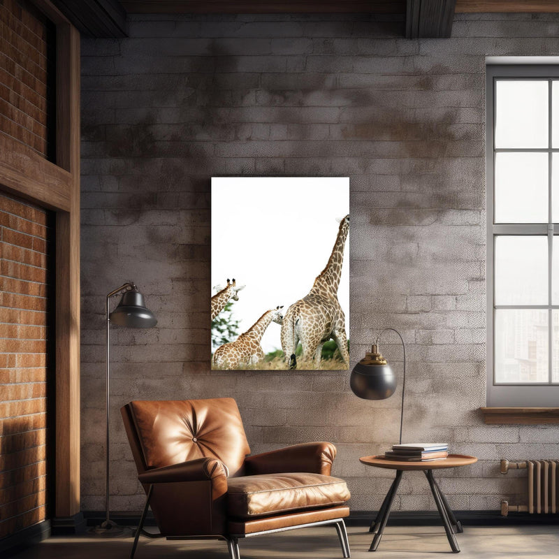 Wandbild - Giraffen Familie - hell über geschmackvollem Sessel an rustikaler Ziegelwand