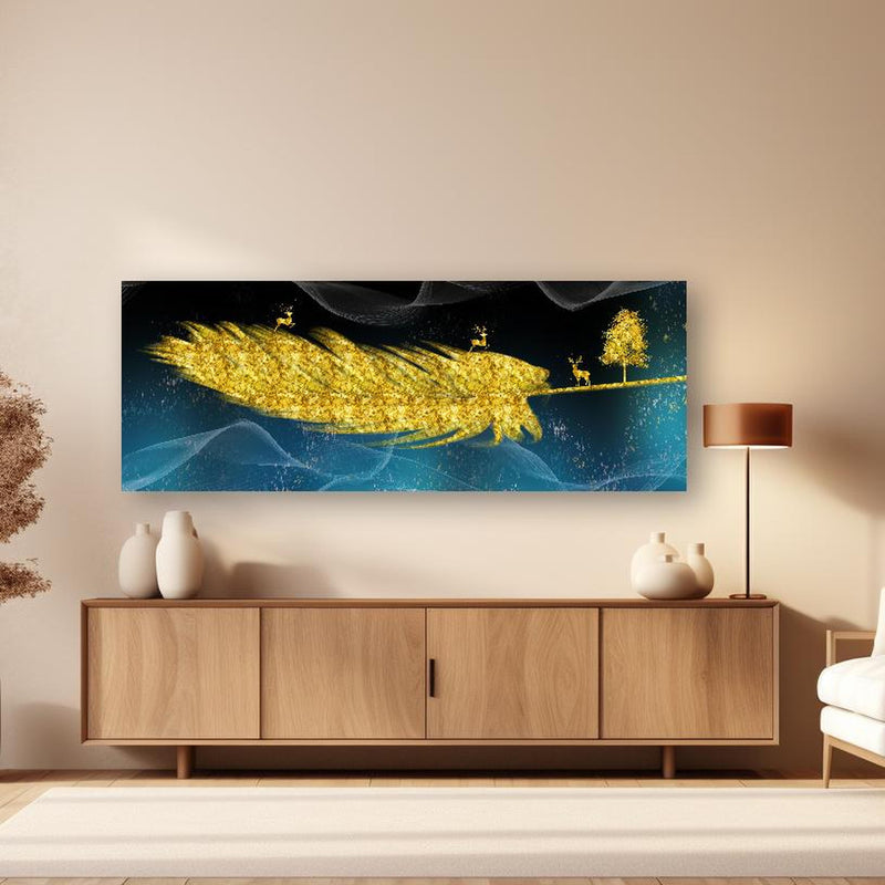 Wandbild - Goldene Feder - 3D Muster in dezentem Wohnzimmer mit geölter Holzkommode