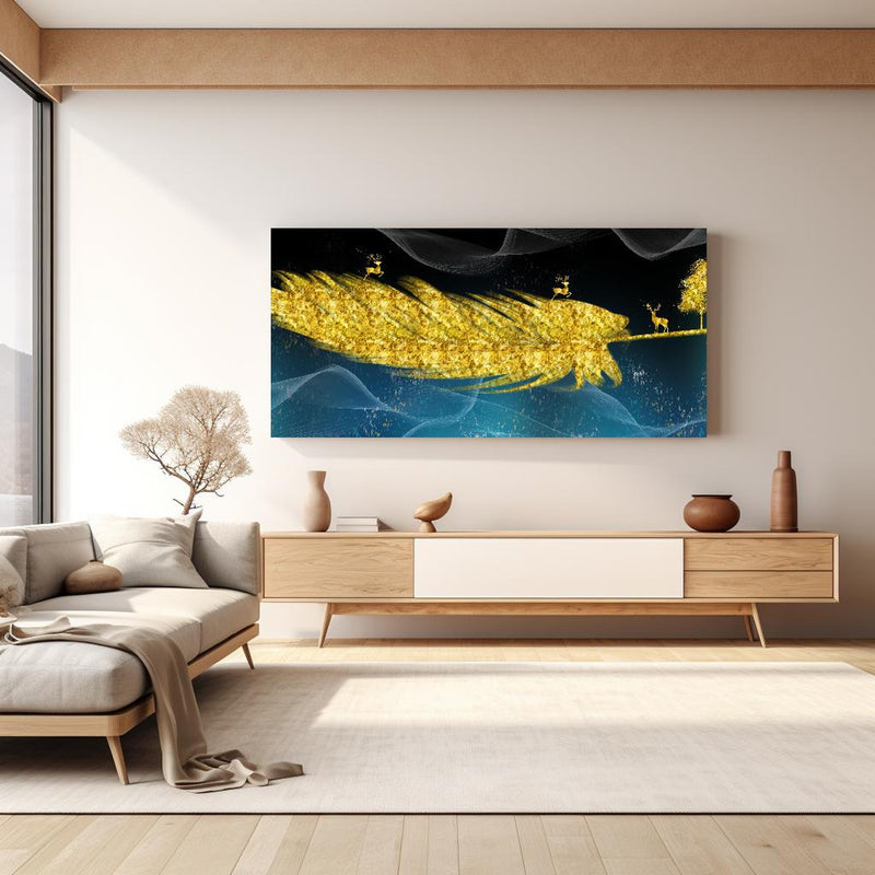 Wandbild - Goldene Feder - 3D Muster in hellem Wohnzimmer über extravaganter Kommode